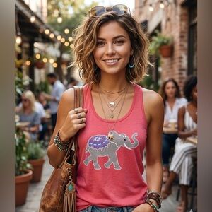 Bobbie Brooks Bright Coral Tank Top with Embroidered Elephant Cotton Casual